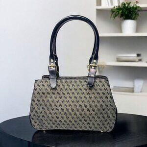 Dooney & Bourke Leather Trim Signature Buckle Satchel Grey Canvas Black Leather